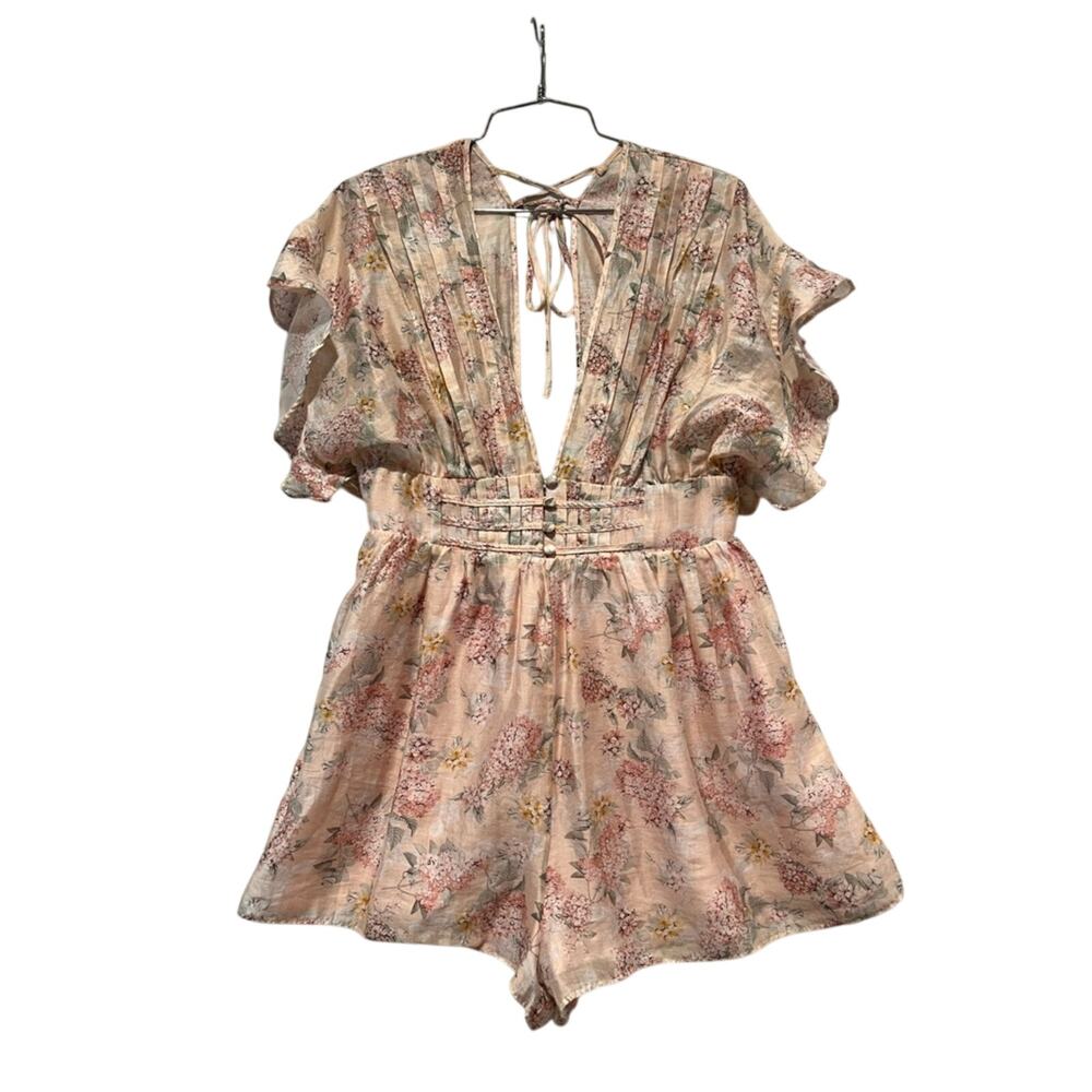Storia Floral Tie-Back Cinched Button Waist Back Zip Romper Soft Blush Floral M